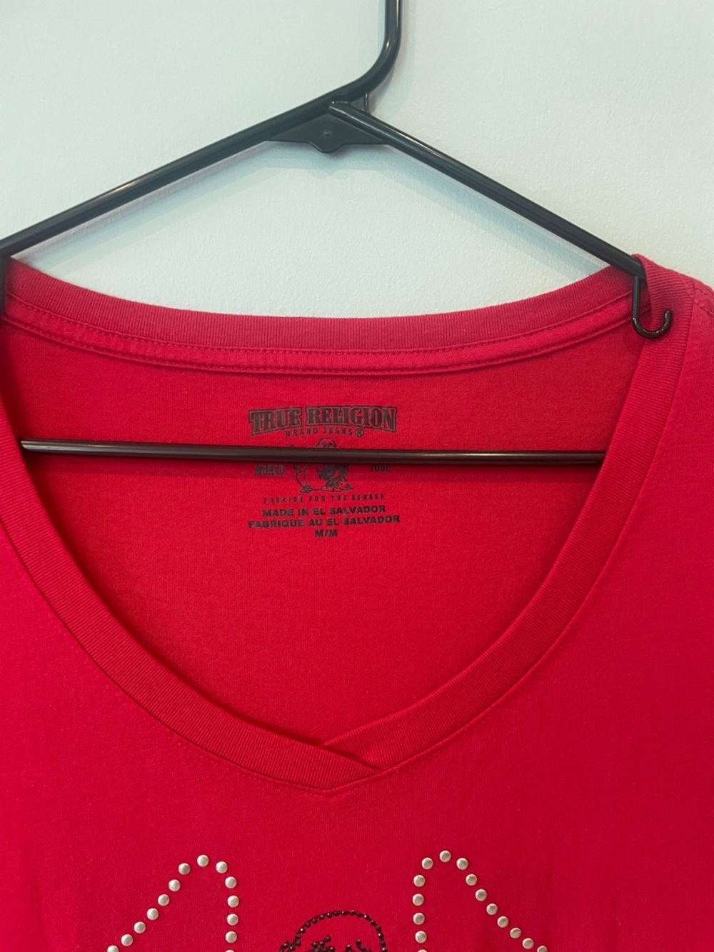 True Religion Red V-Neck Studded Graphic Tee - Picture 3 of 3